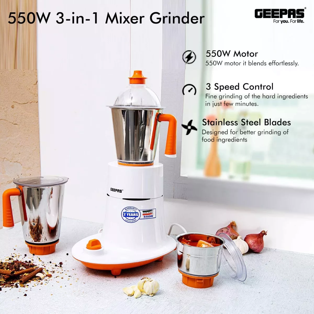 Geepas 750W 3-in-1 Mixer Grinder - Multifunctional Grinder with Stainless  Steel Jars & Blades - 3 Speed, Safety Twist Lock - Perfect for Dry & Wet  Fine Grinding Mixing Juicing - 2 Year Warranty